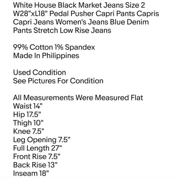 White House Black Market Jeans Size 2 W28"xL18" Pedal Pusher Capri Pants Capris - Picture 2 of 6